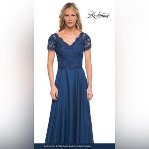 NWT La Femme Midnight Blue Beaded Lace V-Neck Gown